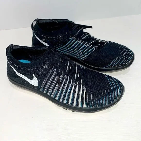 Nike Free Transform Flyknit Black Blue Striped Athletic Gym Shoes Trainers Sz 8 - Picture 4 of 14
